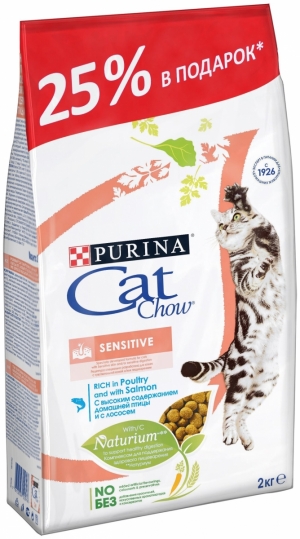 Сухой корм Cat Chow® для кошек с чувствительным пищеварением, с высоким содержанием домашней птицы, с лососем 1.5 кг + 500 г в подарок